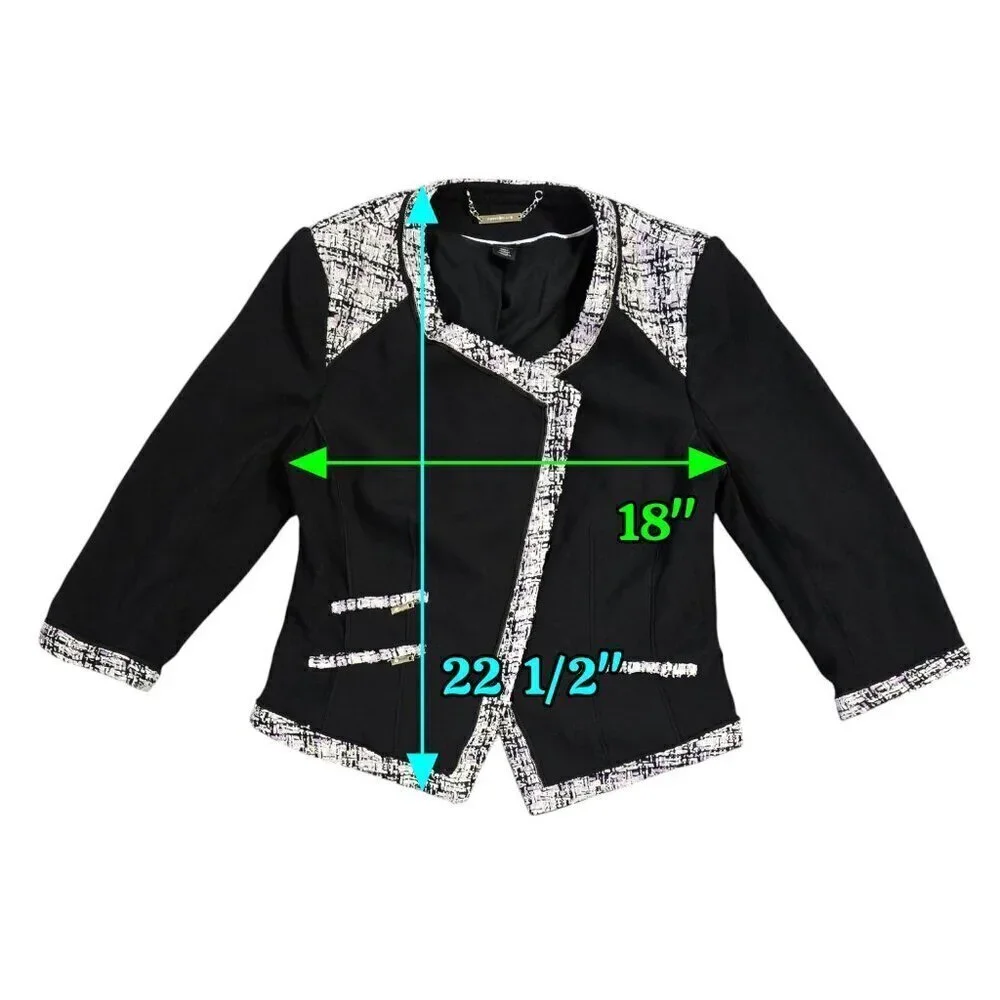 White House Black Market Black Contrast Tweed Trim Cropped Moto Jacket Pockets
